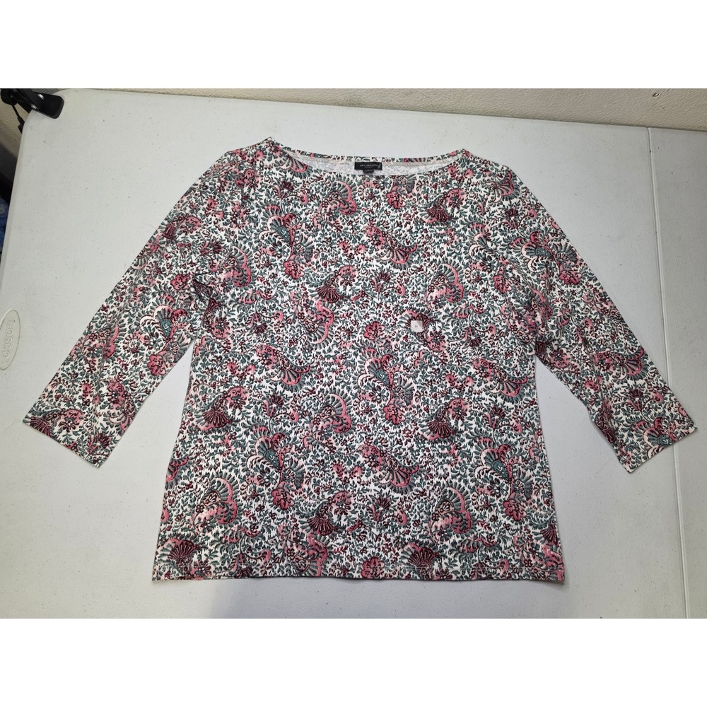 Ann Taylor Factory Womens Pink Green Paisley Floral Boat Neck 3/4 Sleeve Top M